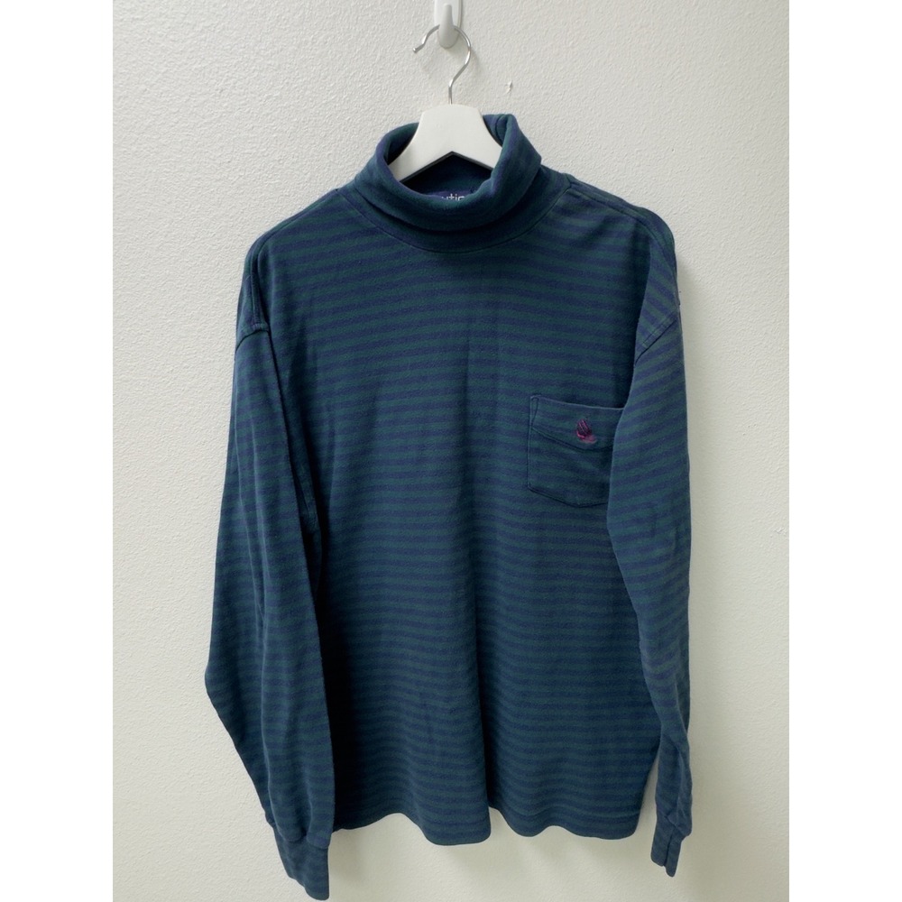 Vintage Nautica Turtleneck Shirt Mens XL Blue Green Striped Long Sleeve Cotton